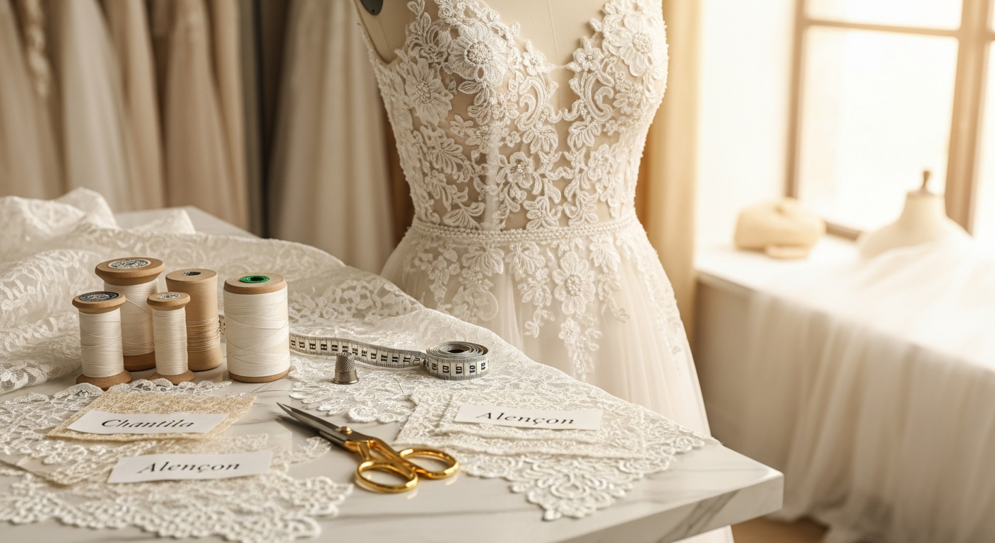 AI_IMAGE: An intimate view inside a high-end bridal atelier showing delicate wedding dress details on a dressmaker form. Spools of ivory thread, lace swatches, and gold scissors rest on a marble-topped worktable. Soft warm window light illuminates the scene. Muted tones of cream, white, and warm gold. Artisanal, elegant, behind-the-scenes feel. | photorealistic | landscape