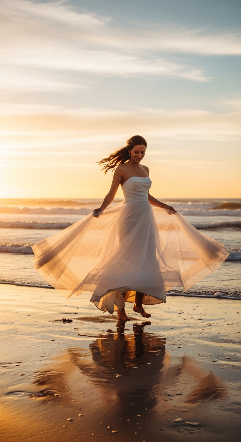 AI_IMAGE: A bride twirling on a sandy beach at sunset, her detachable tulle overskirt catching the ocean breeze. She wears a fitted strapless gown underneath. Barefoot, carefree, golden light reflecting off gentle waves. Joyful, free-spirited, warm tones of sand, gold, and soft peach. | photorealistic | portrait