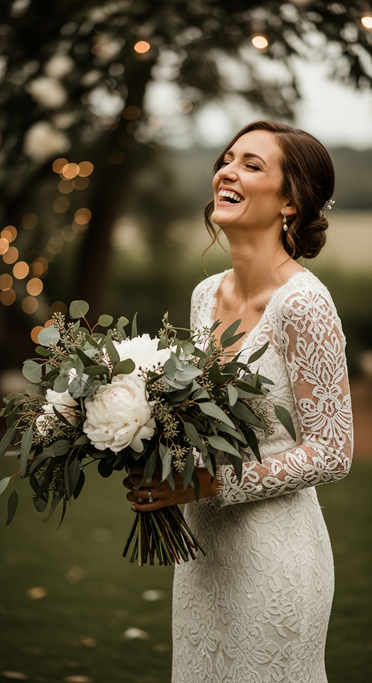 AI_IMAGE: A joyful bride laughing while holding a wild greenery bouquet with eucalyptus and white peonies. She wears a fitted lace gown with long sleeves. Outdoor garden ceremony setting with soft bokeh background. Warm, candid, natural moment. Muted warm tones. | photorealistic | portrait