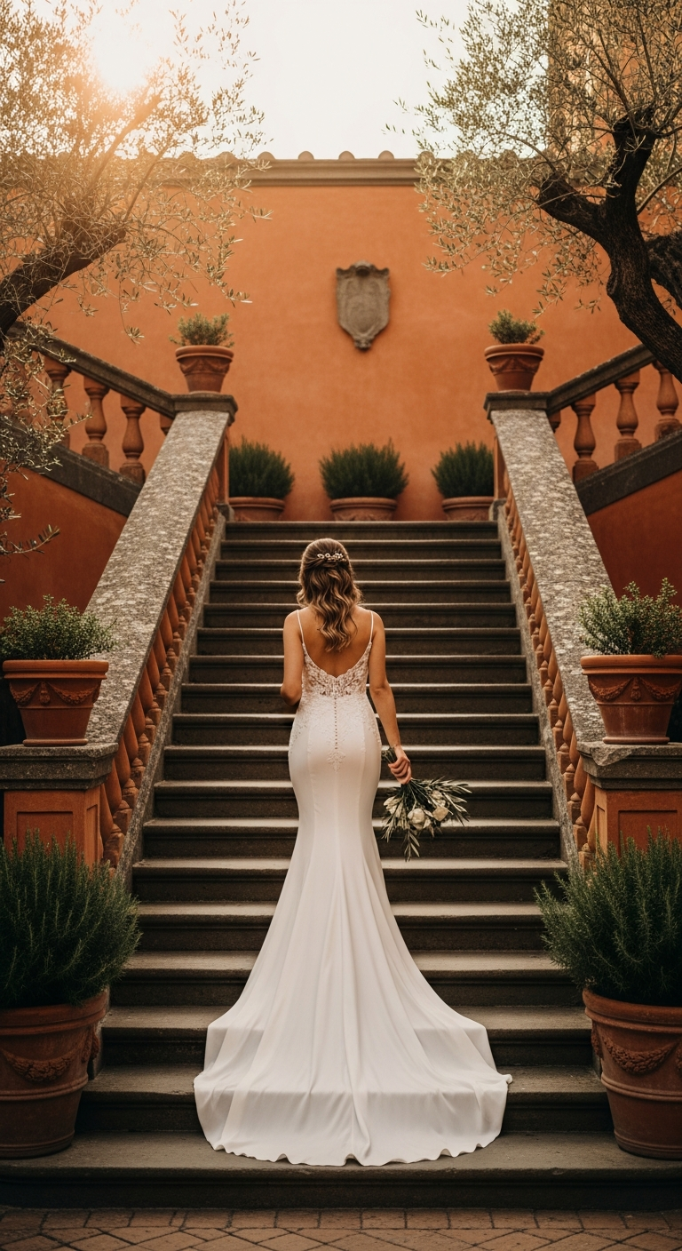 AI_IMAGE: A radiant bride descending stone steps in an Italian-style courtyard, her silk mermaid gown trailing gracefully. Olive trees and terracotta walls surround her. Golden hour light creates a warm glow. Elegant, Mediterranean, timeless beauty. Soft cream and sage tones. | photorealistic | portrait