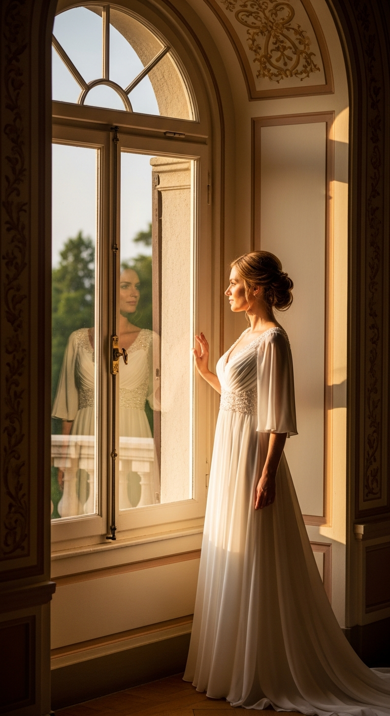 AI_IMAGE: A serene bride gazing out of a tall window in a historic villa, bathed in soft afternoon light. She wears a flowing chiffon gown with subtle beading along the bodice. Her reflection is faintly visible in the glass. Romantic, contemplative, warm ivory and gold hues. | photorealistic | portrait