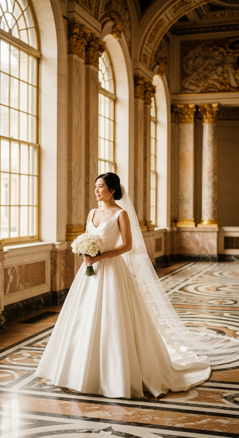 AI_IMAGE: An elegant bride in a structured satin ballgown with a sweetheart neckline and cathedral-length veil, posed in a grand marble-floored hall with tall arched windows and natural light streaming in. Timeless, regal, ivory and warm gold tones. | photorealistic | portrait