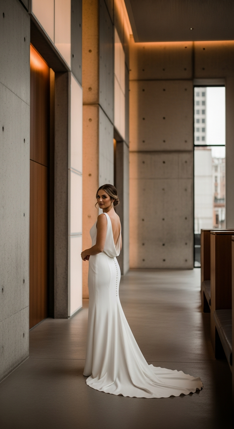 AI_IMAGE: A confident bride in a sleek minimalist crepe wedding gown with clean lines and a dramatic open back, standing in a modern architectural space with concrete walls and warm indirect lighting. Contemporary, sophisticated, muted warm tones. | photorealistic | portrait