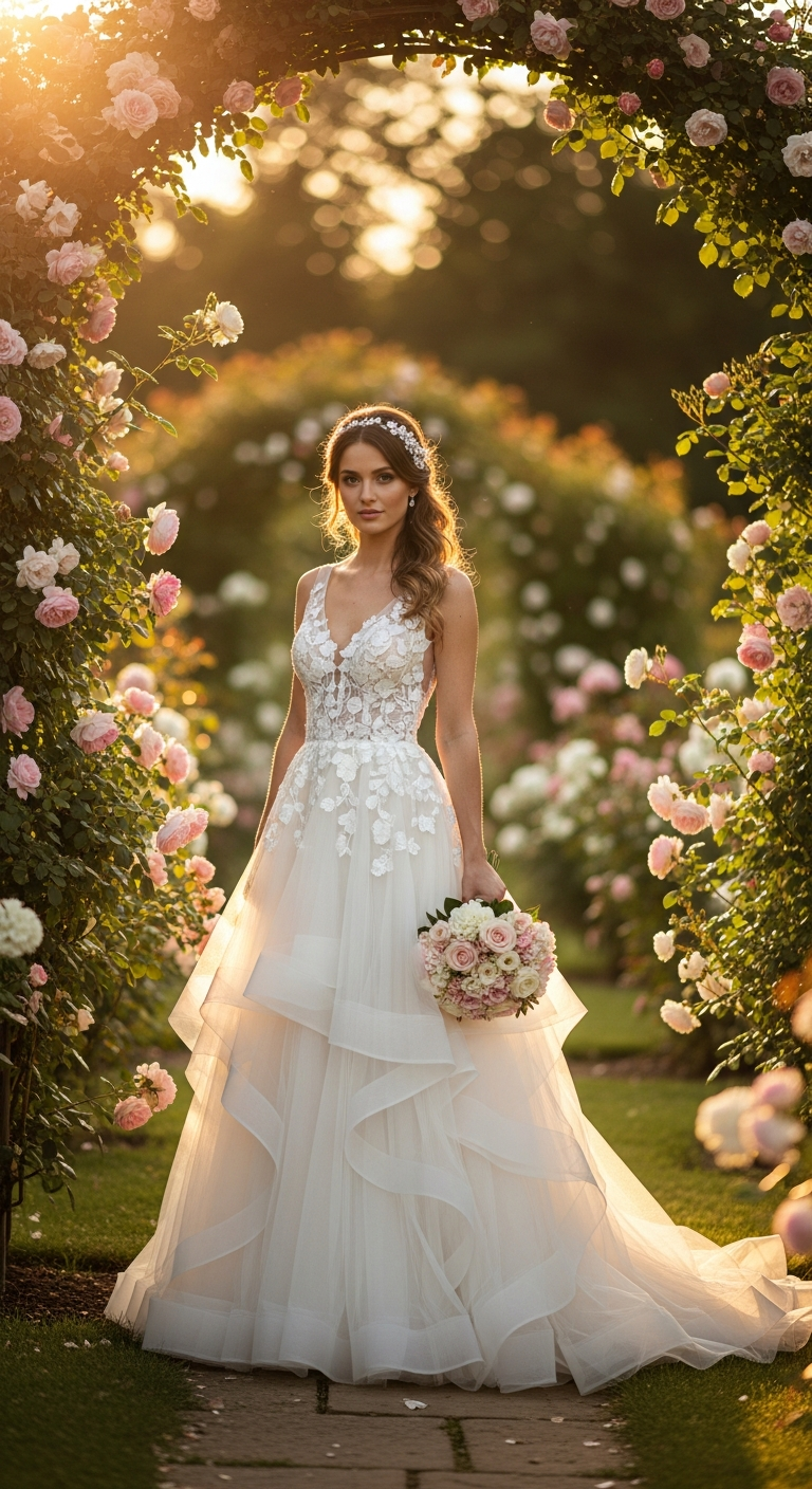 AI_IMAGE: A bride in a flowing A-line wedding gown with soft tulle layers and floral lace appliques, standing in a sunlit garden with climbing roses. Dreamy, ethereal, soft-focus background. Warm golden tones, ivory dress, romantic atmosphere. | photorealistic | portrait