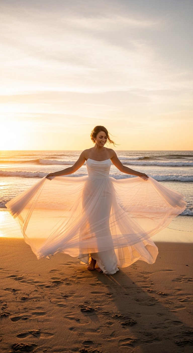 AI_IMAGE: A carefree bride twirling barefoot on a sandy beach at sunset, her detachable tulle overskirt billowing in the ocean breeze. She wears a sleek strapless gown underneath. Golden light reflects off gentle waves. Joyful, free-spirited energy. Warm tones of sand, gold, and soft peach. | photorealistic | portrait