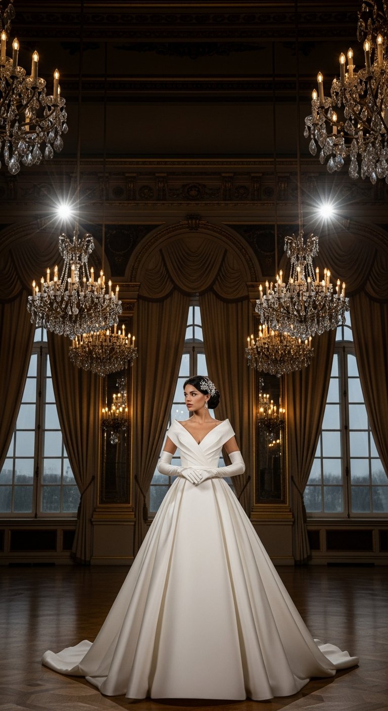 AI_IMAGE: An elegant bride standing in a grand ballroom with crystal chandeliers overhead and tall arched windows behind her. She wears a structured mikado satin ballgown with a dramatic sweetheart neckline and long gloves. Classic, regal, editorial. Ivory, cream, and warm gold tones. Dramatic but soft lighting. | photorealistic | portrait
