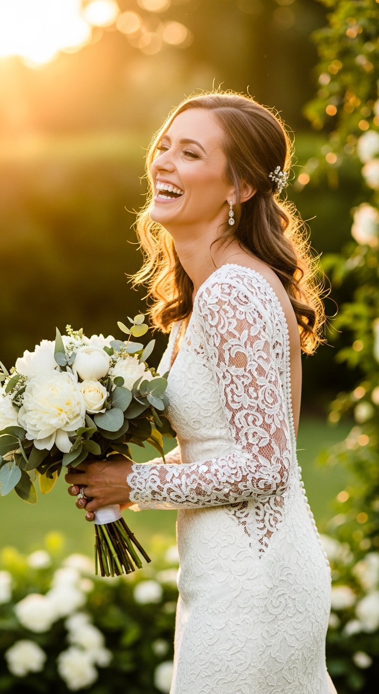 AI_IMAGE: A joyful bride laughing with her bouquet of white peonies and eucalyptus in a lush garden ceremony. She wears a fitted lace gown with long sleeves and a low back. Warm golden hour light, candid moment, blurred greenery background. Romantic and natural. Ivory, green, and warm gold tones. | photorealistic | portrait