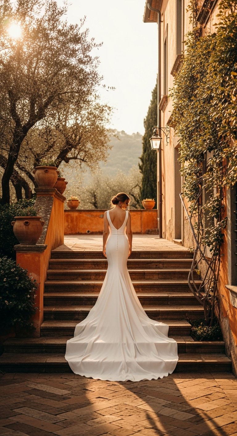 AI_IMAGE: A radiant bride descending ancient stone steps in an Italian-style courtyard, her fitted silk mermaid gown with a dramatic cathedral train trailing behind her. Olive trees and terracotta walls frame the scene. Golden hour light creates a warm luminous glow. Elegant, Mediterranean, timeless. Cream and sage tones. | photorealistic | portrait