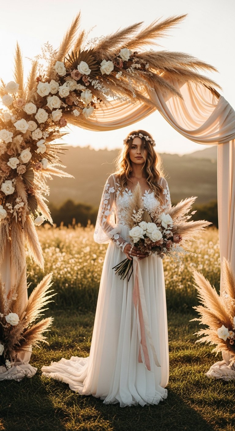 AI_IMAGE: A bride in a romantic bohemian setting, standing beneath a floral arch of dried pampas grass and white roses in an open field. She wears an ethereal A-line gown with sheer bishop sleeves and delicate floral embroidery. Wind gently tousles her loose waves. Dreamy, bohemian, free. Soft warm tones of blush, cream, and natural brown. | photorealistic | portrait