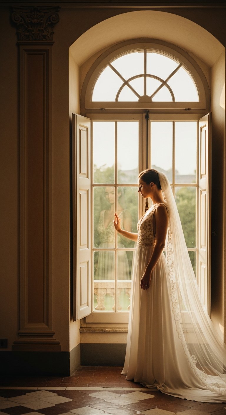 AI_IMAGE: A serene bride standing by a tall window in a historic villa, bathed in soft afternoon light. She wears a flowing silk chiffon gown with delicate beading along the bodice and a cathedral veil. Her reflection is faintly visible in the glass. Romantic, contemplative, editorial feel. Warm ivory and gold hues. | photorealistic | portrait